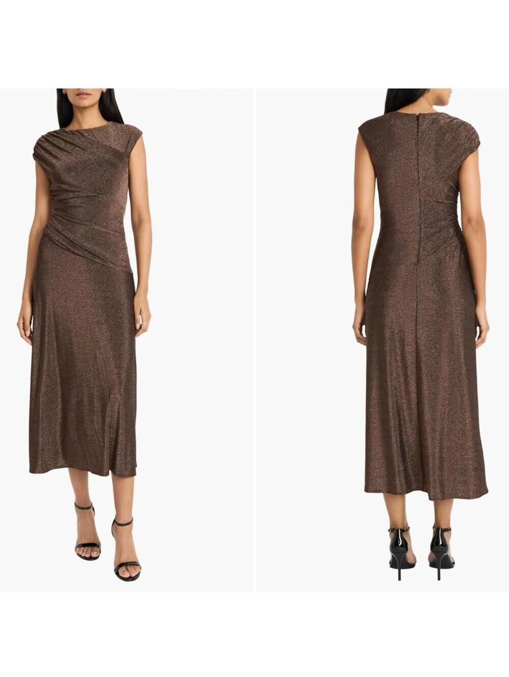 Maggy London Brown Metallic Midi Dress Size 14 Cap Sleeve Ruched Wedding Guest - Picture 1 of 10